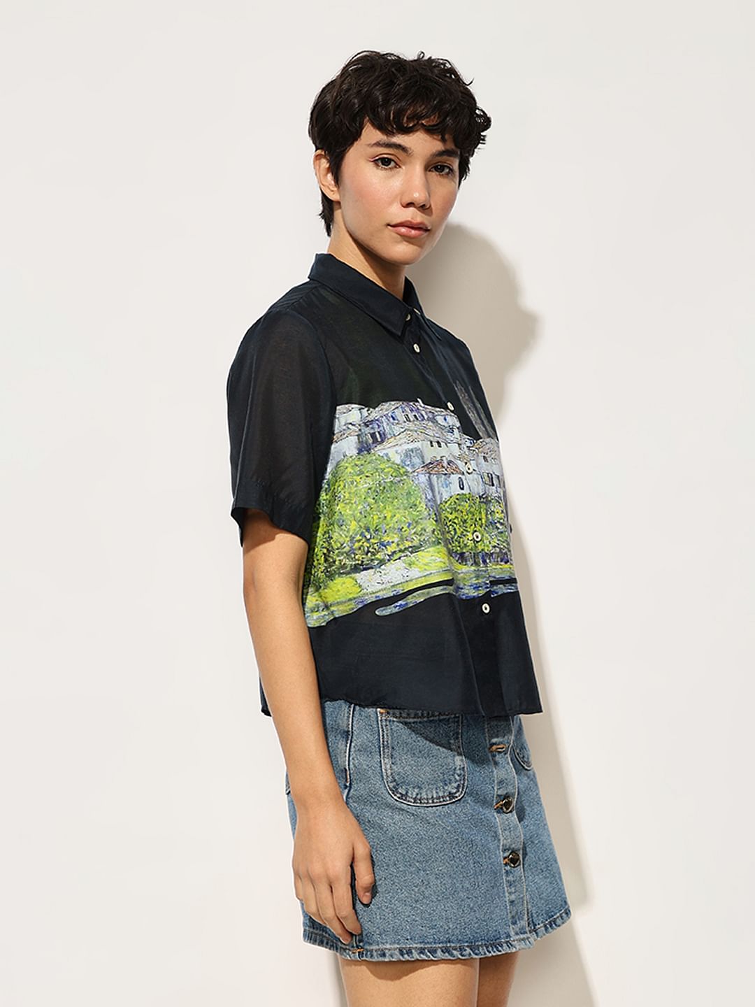 Navy Sheer Printed Shirt