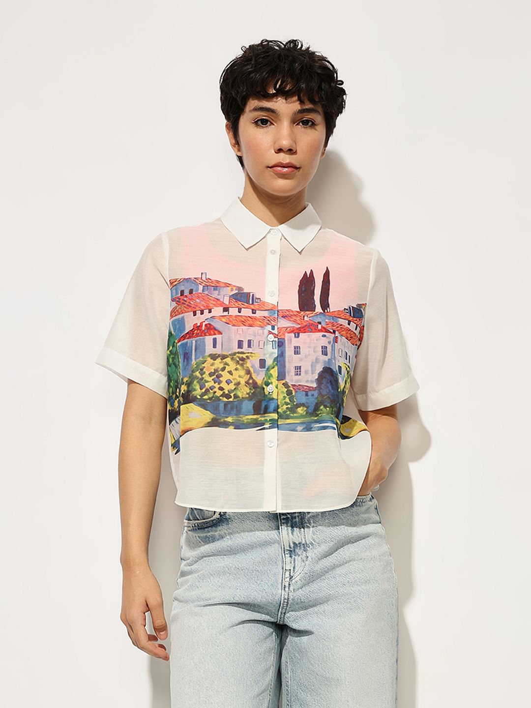 White Sheer Printed Shirt