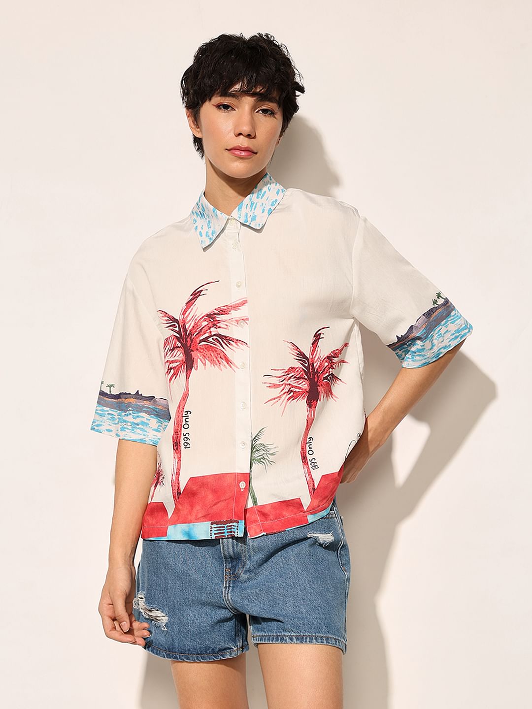 Beige Printed Short Sleeves Shirt