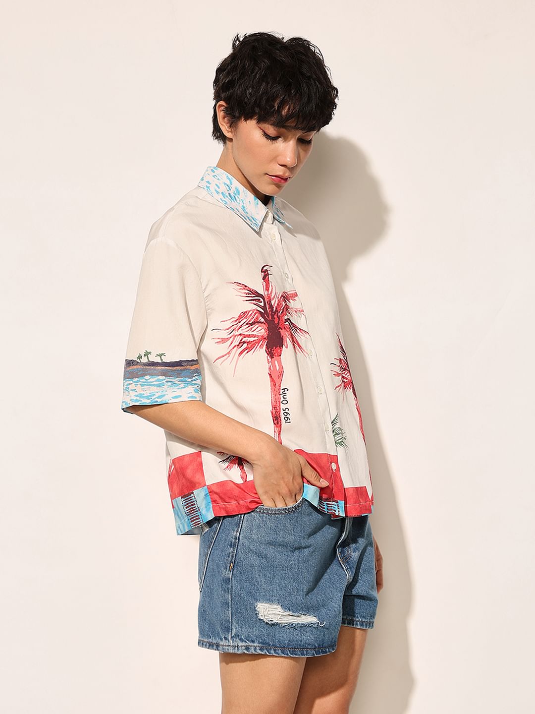 Beige Printed Short Sleeves Shirt