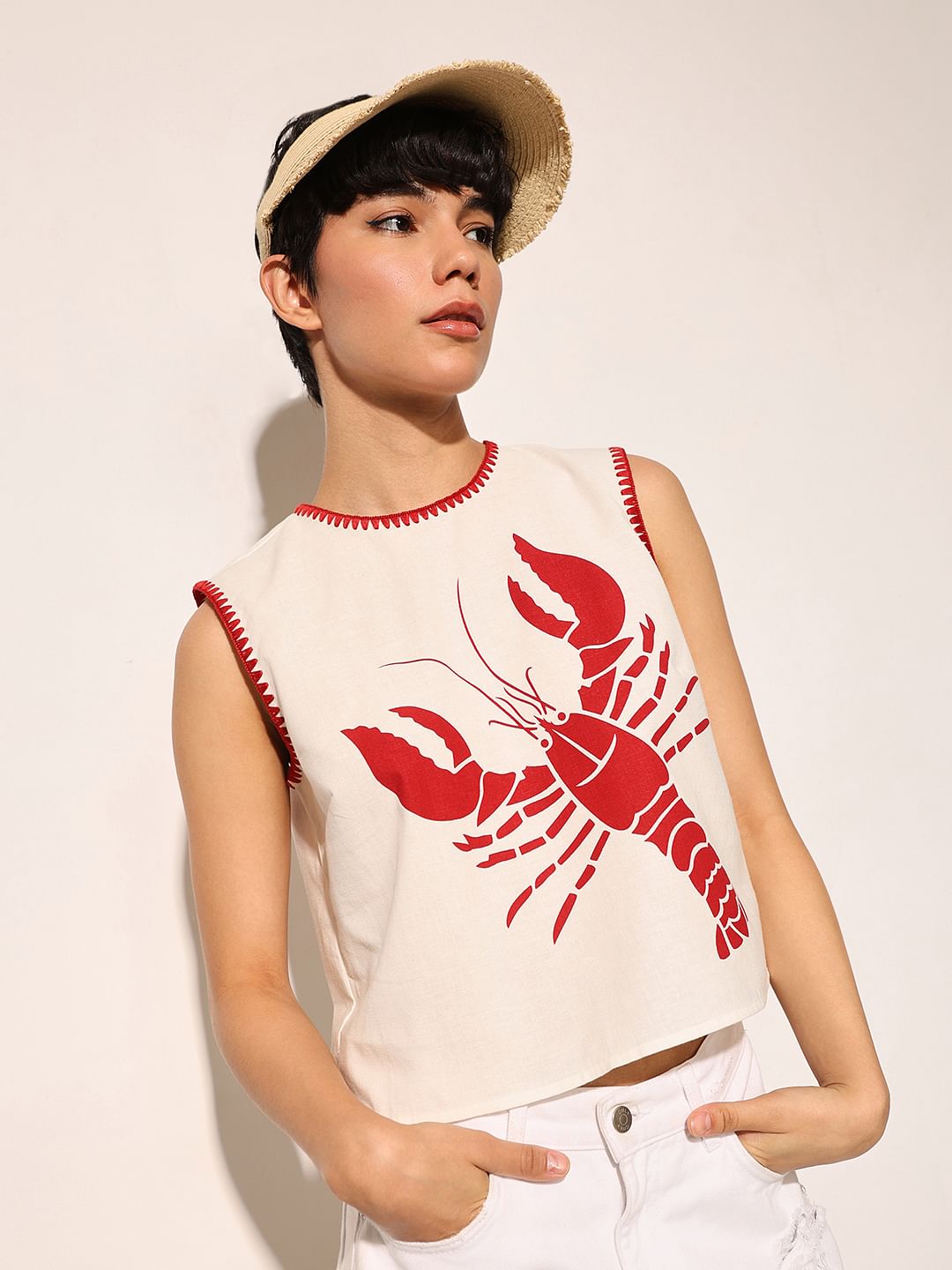 White Lobster Print Boxy Fit Top