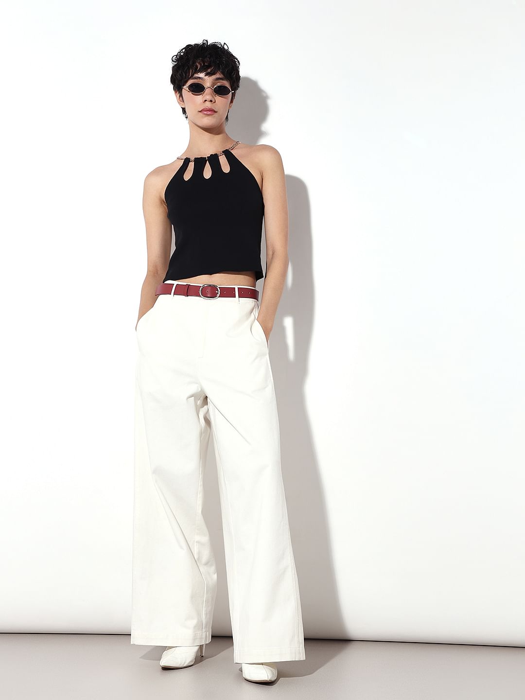 White Mid Rise Wide Leg Pants