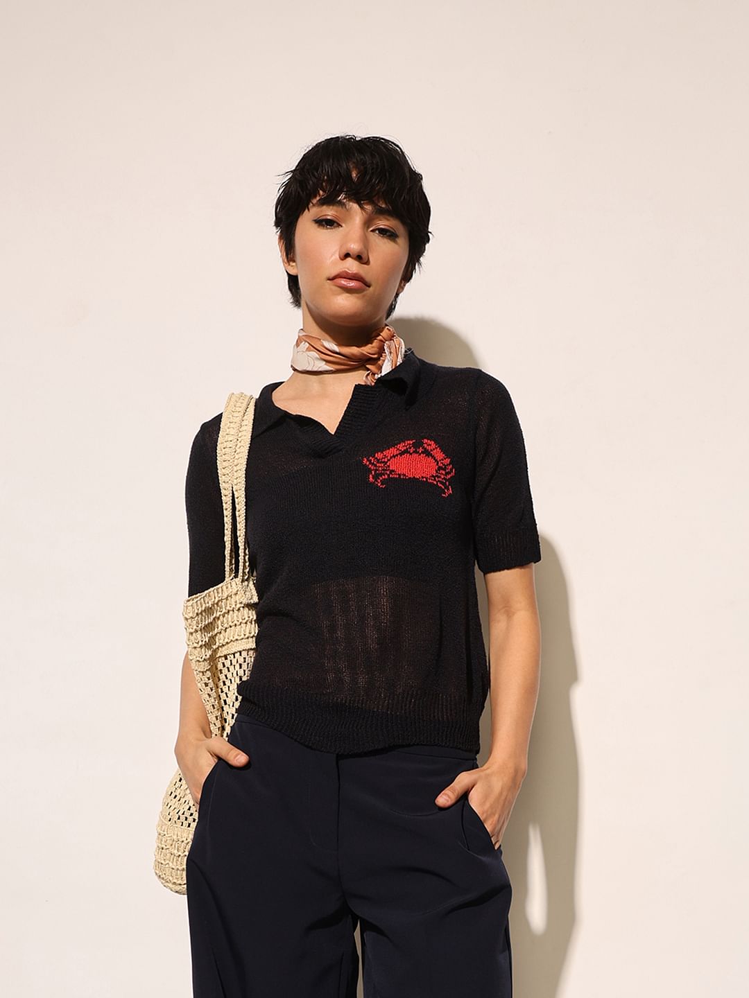 Dark Navy Knitted Sheer Polo