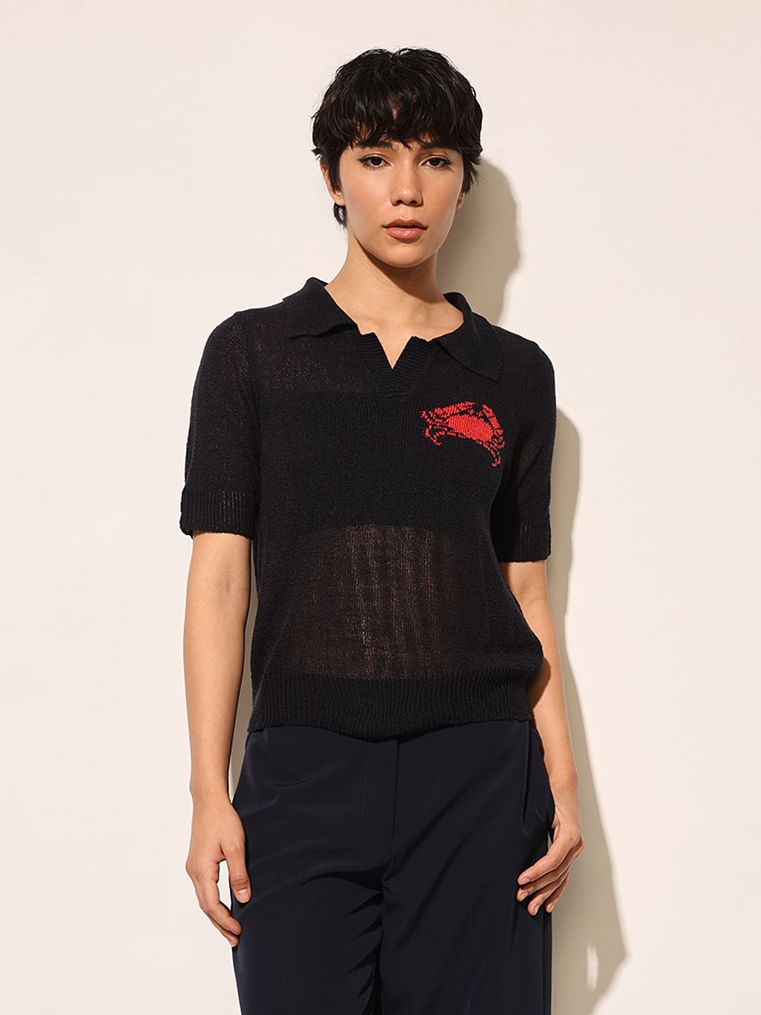 Dark Navy Knitted Sheer Polo