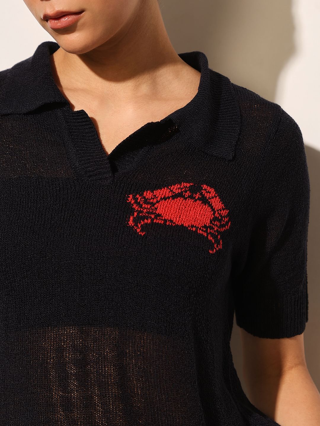 Dark Navy Knitted Sheer Polo