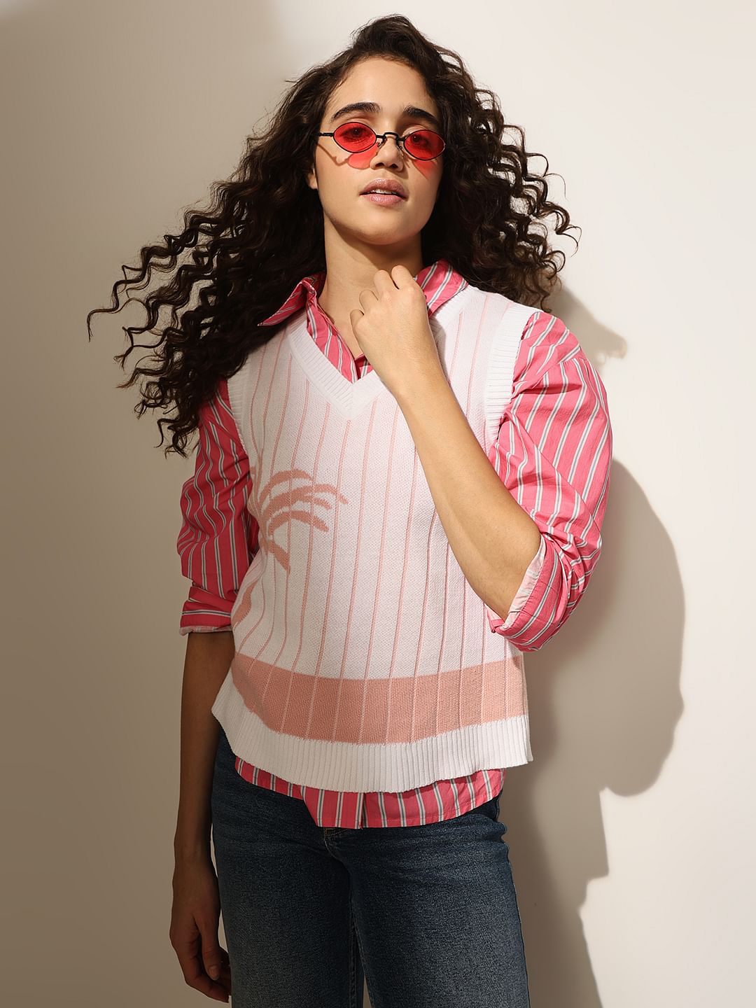 Pink Printed Knitted Sweater Vest