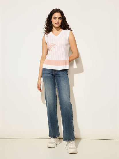 Pink Printed Knitted Sweater Vest