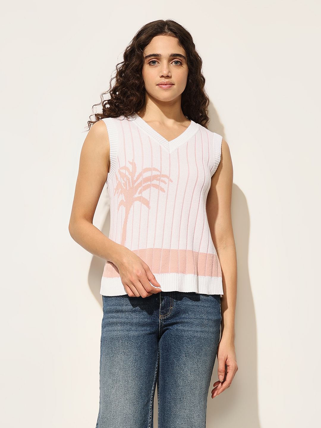 Pink Printed Knitted Sweater Vest