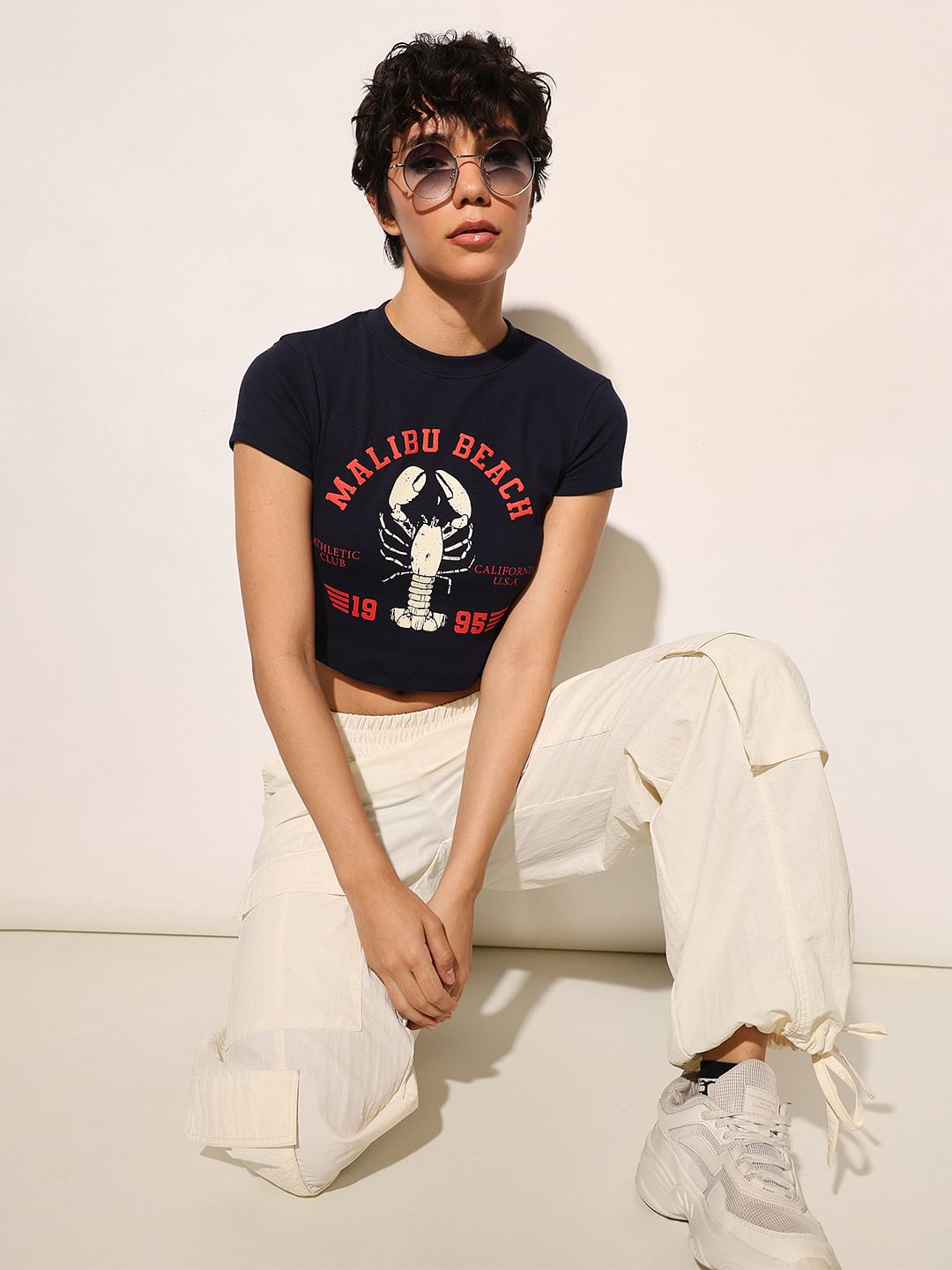 Dark Navy Ribbed Cropped T-Shirt