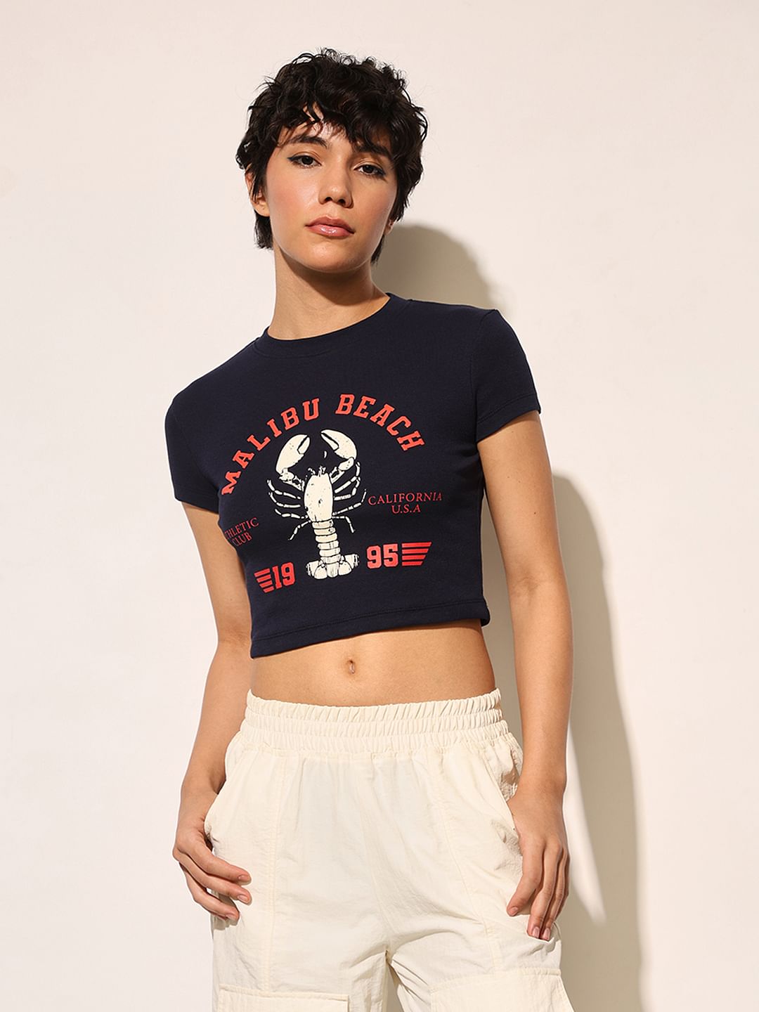 Dark Navy Ribbed Cropped T-Shirt