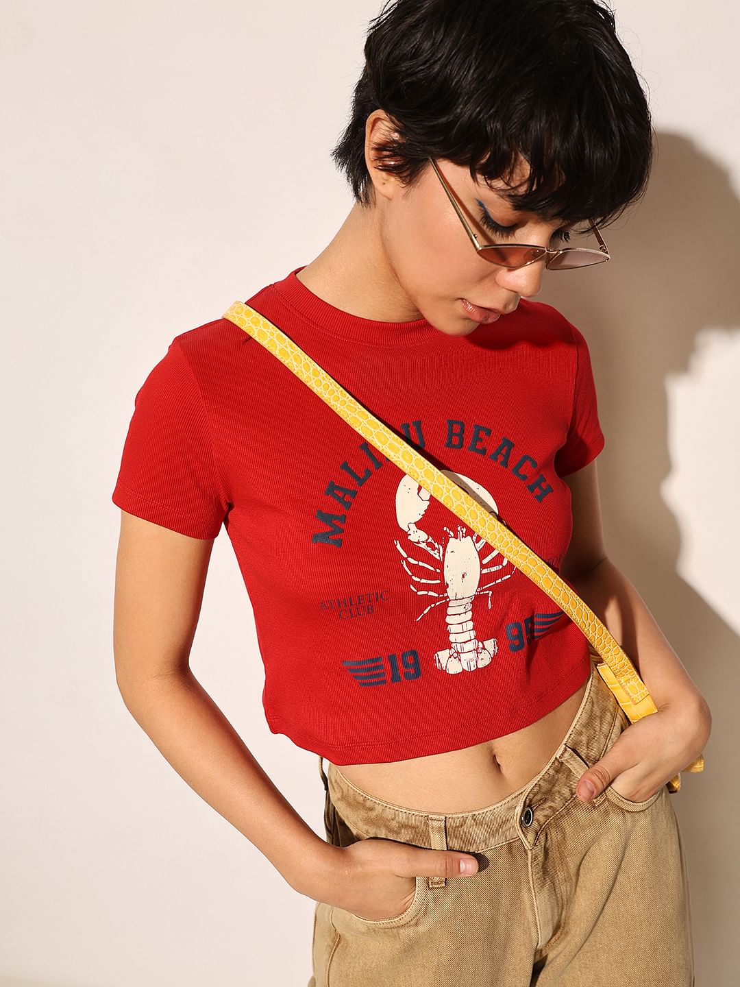 Red Ribbed Cropped T-Shirt