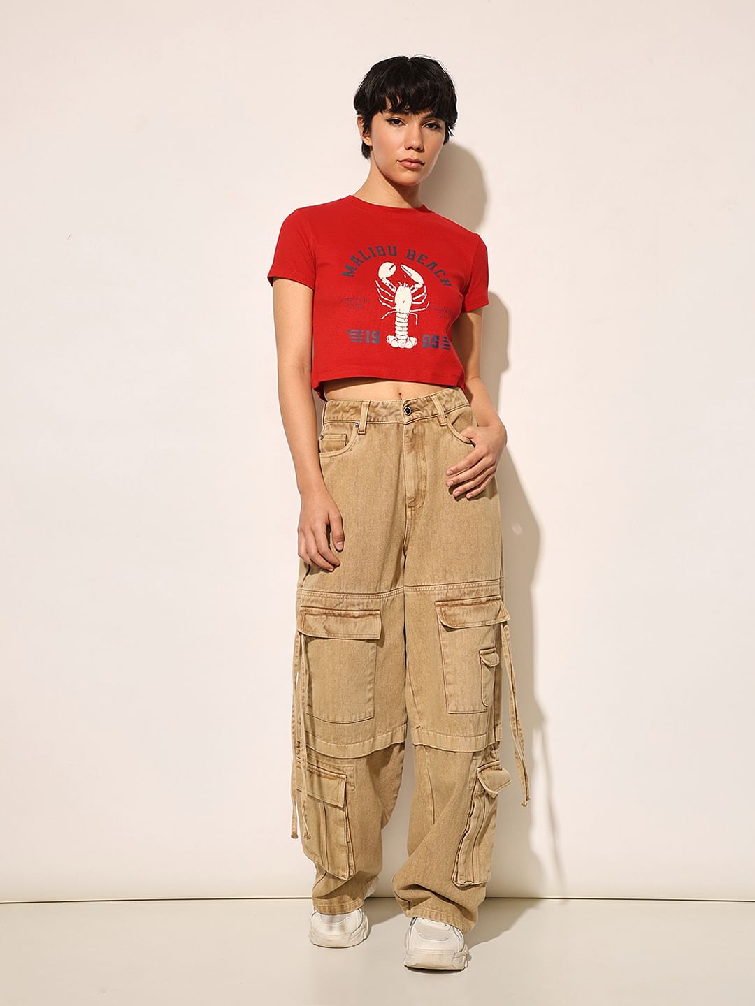 Red Ribbed Cropped T-Shirt