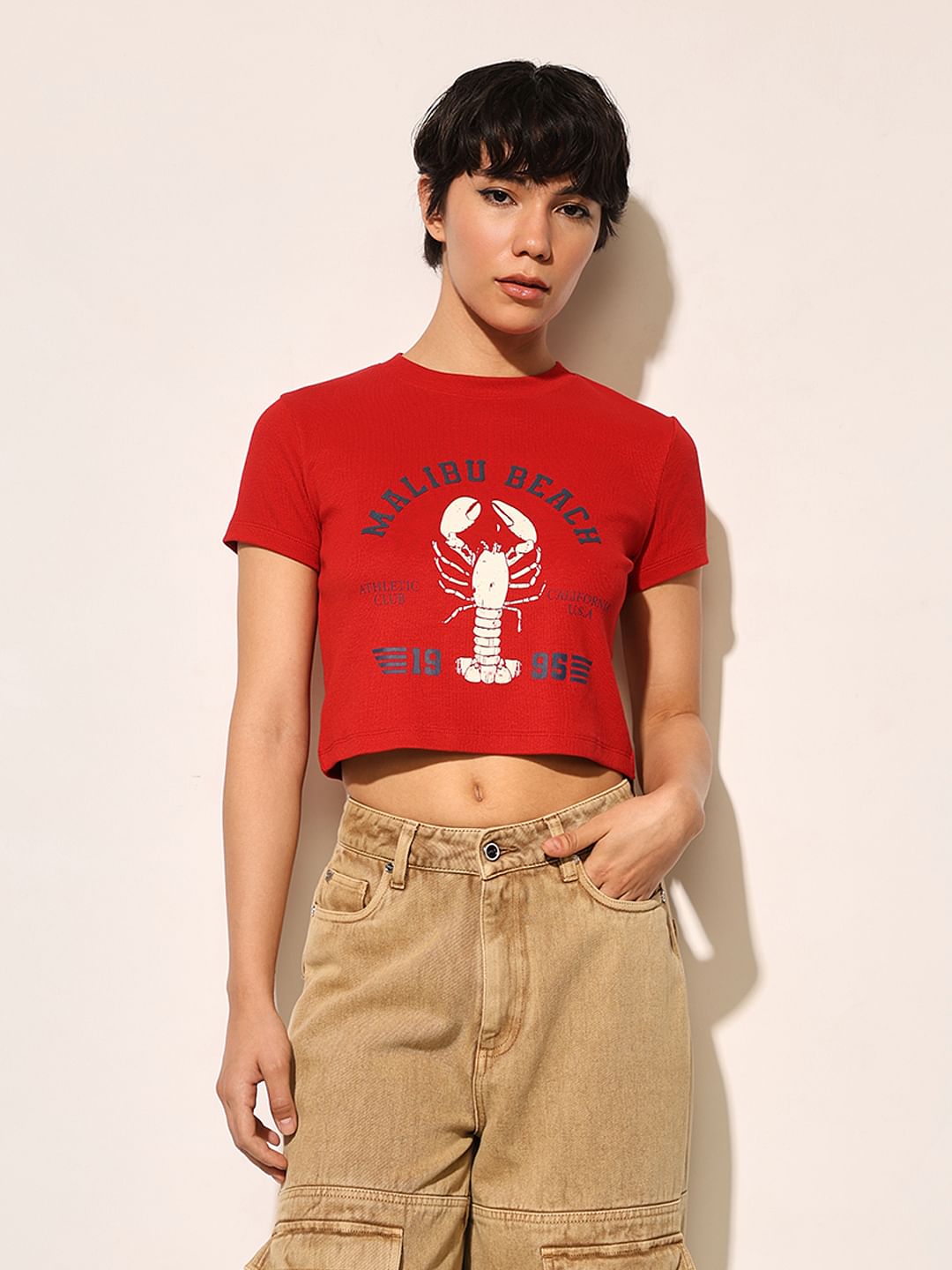 Red Ribbed Cropped T-Shirt