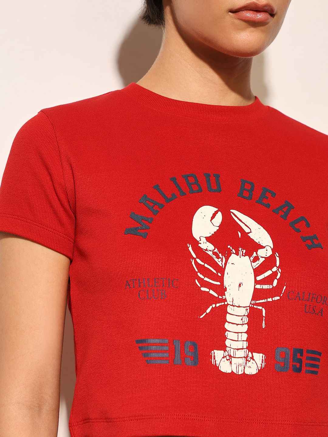 Red Ribbed Cropped T-Shirt