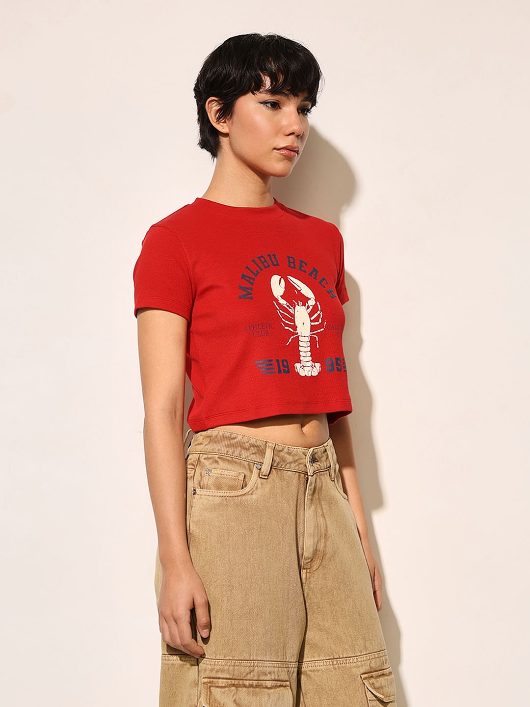 Red Ribbed Cropped T-Shirt