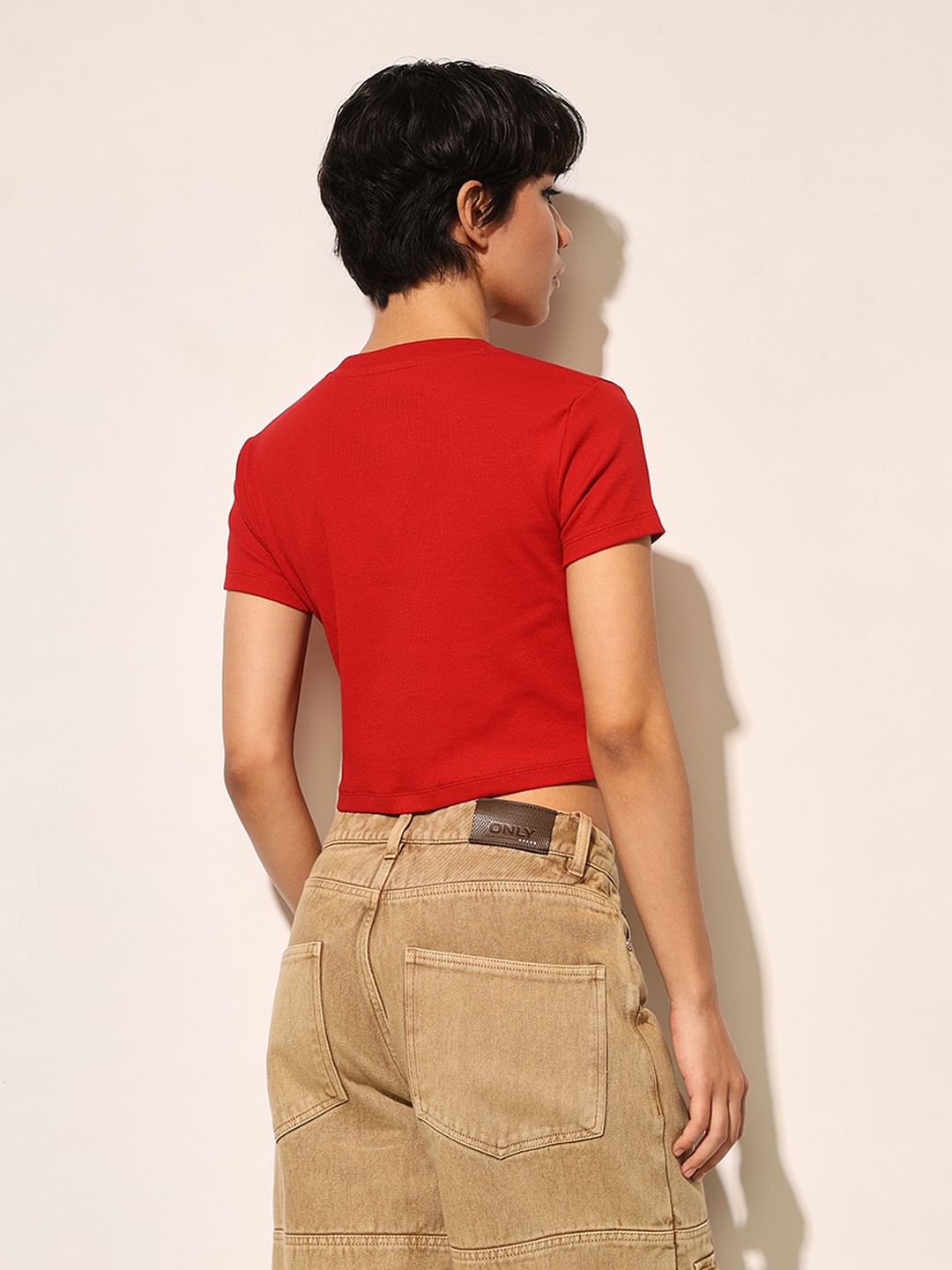 Red Ribbed Cropped T-Shirt