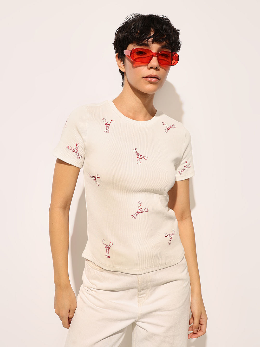White Embroidered Ribbed T-Shirt
