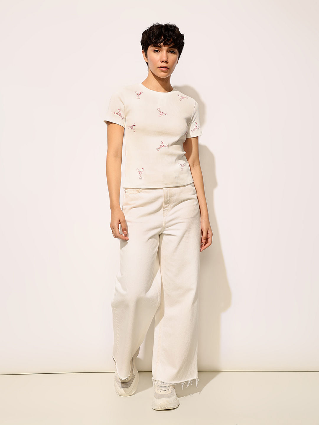 White Embroidered Ribbed T-Shirt