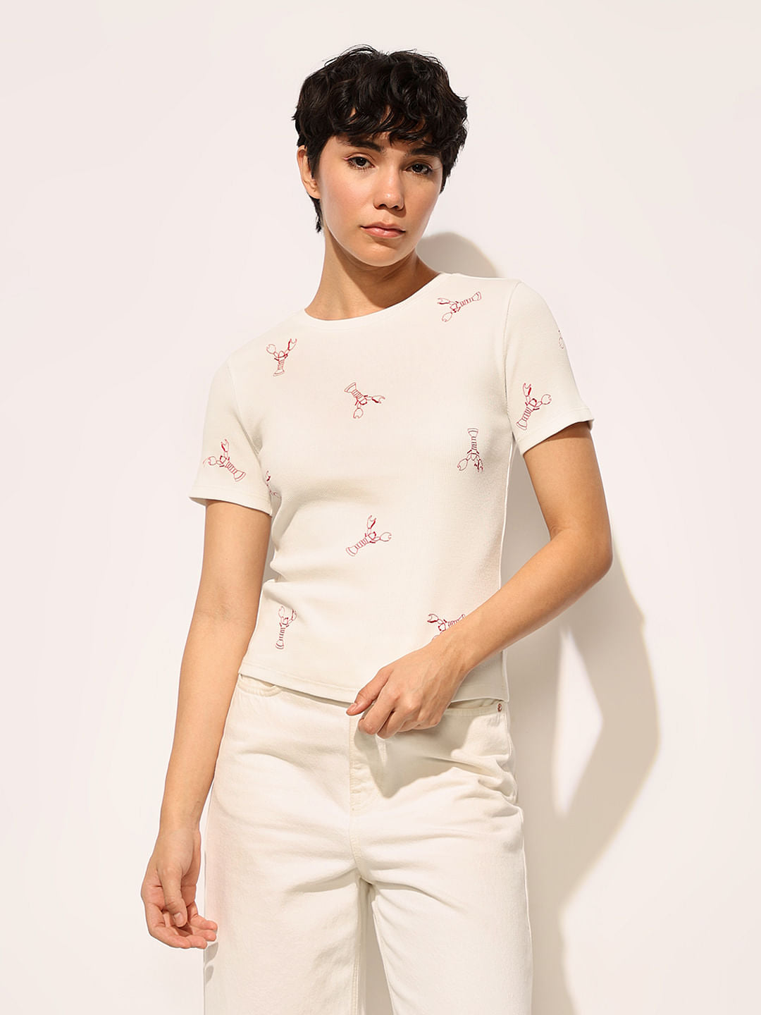 White Embroidered Ribbed T-Shirt