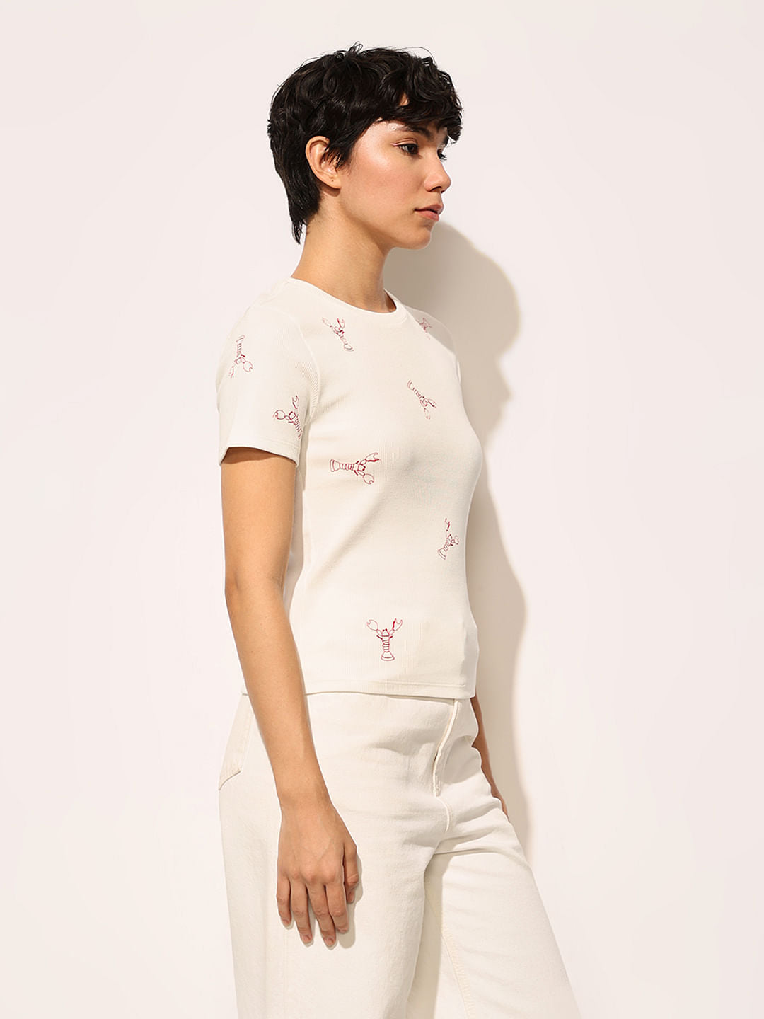 White Embroidered Ribbed T-Shirt