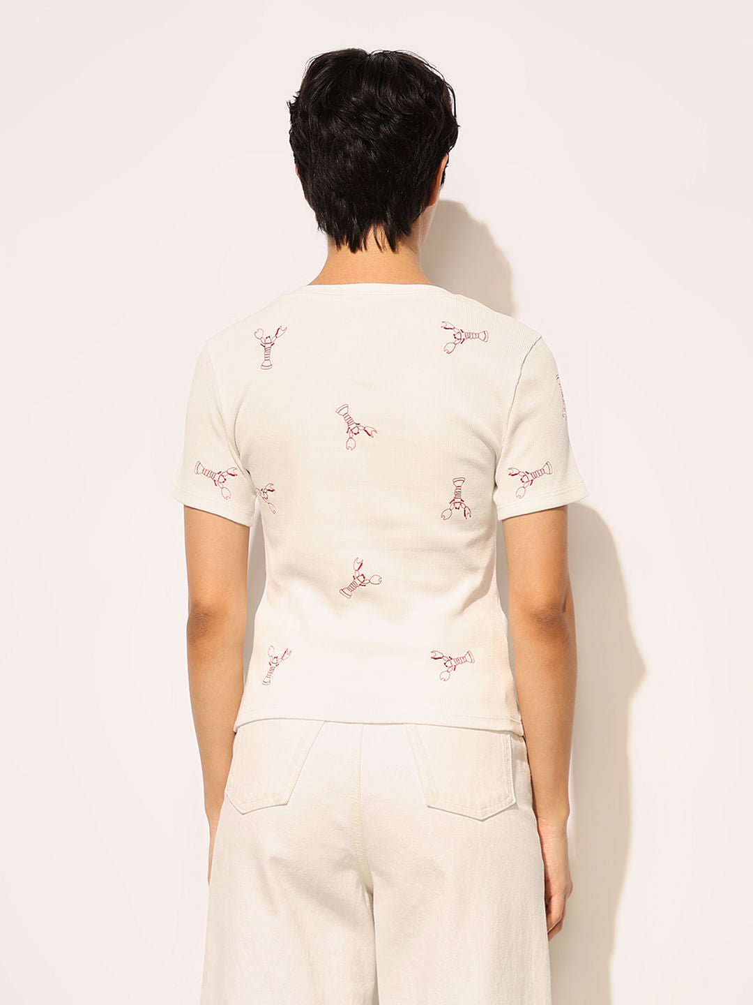 White Embroidered Ribbed T-Shirt