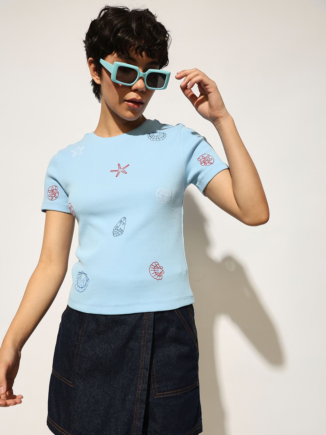Blue Embroidered Ribbed T-Shirt
