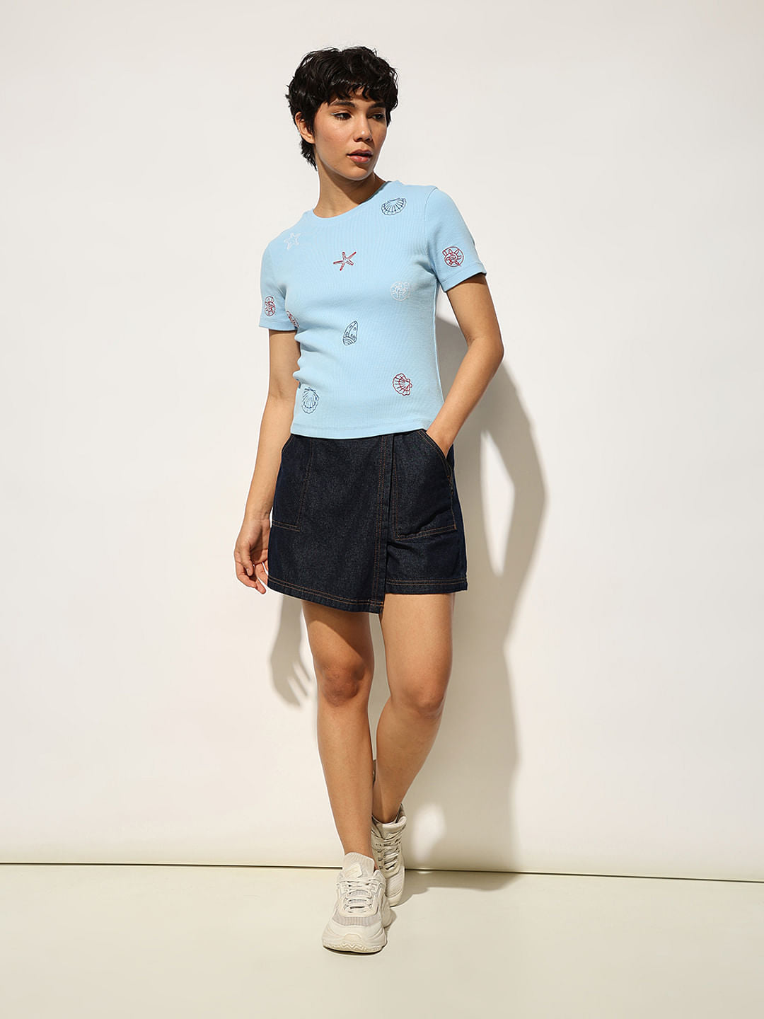 Blue Embroidered Ribbed T-Shirt
