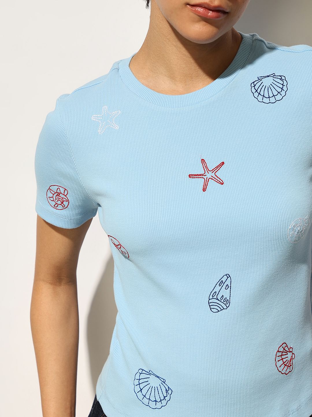 Blue Embroidered Ribbed T-Shirt