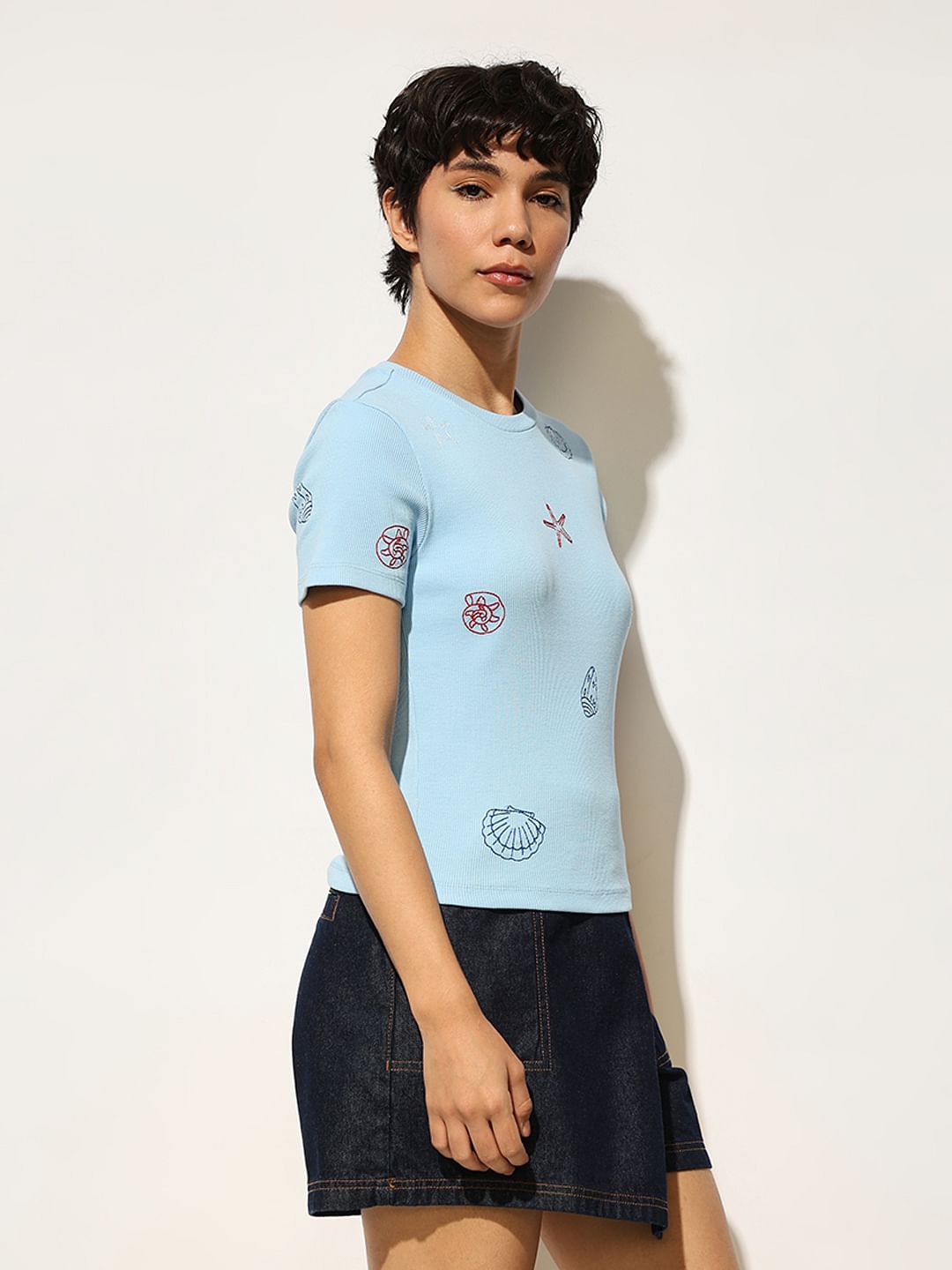 Blue Embroidered Ribbed T-Shirt