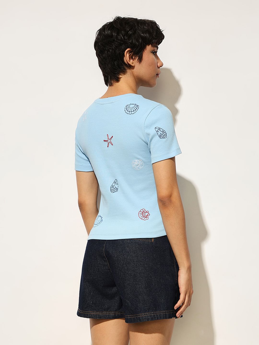 Blue Embroidered Ribbed T-Shirt