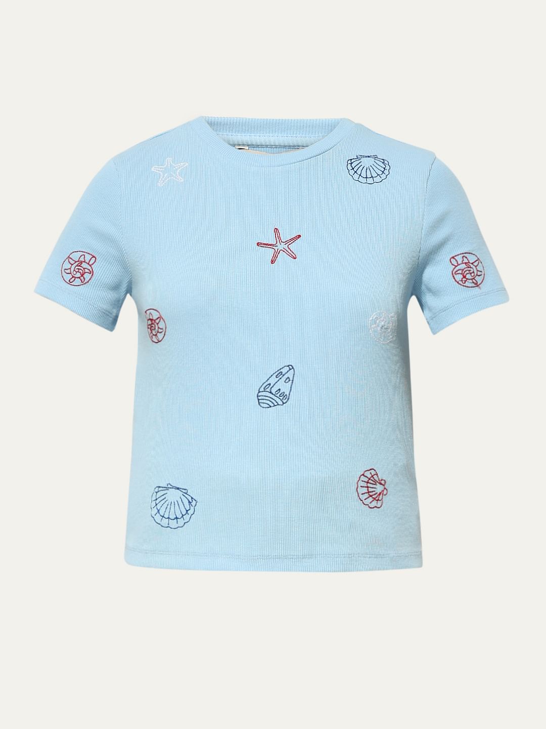 Blue Embroidered Ribbed T-Shirt