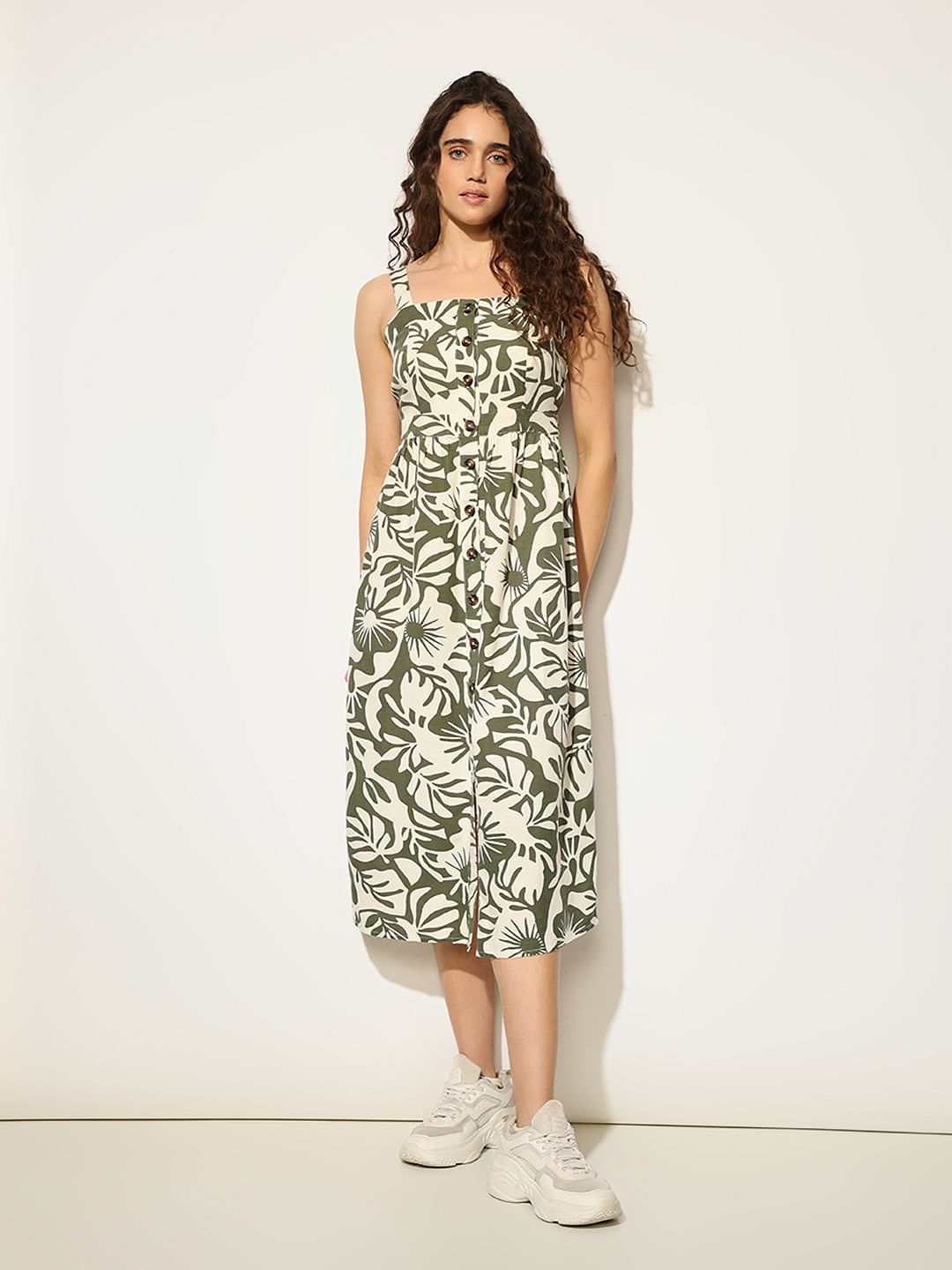 Olive Abstract Print Midi Dress