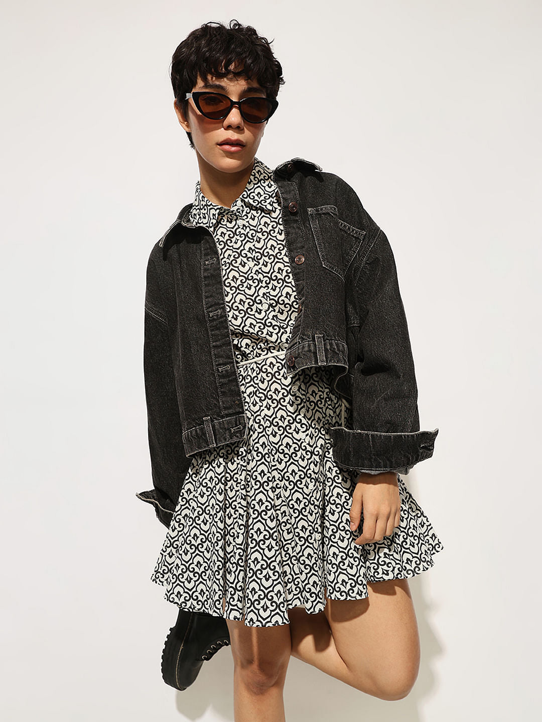 Black Pleated Skirt Shirt Dress