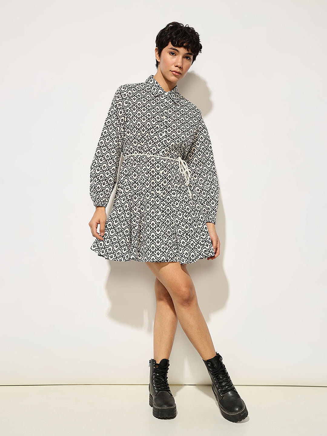 Black Pleated Skirt Shirt Dress