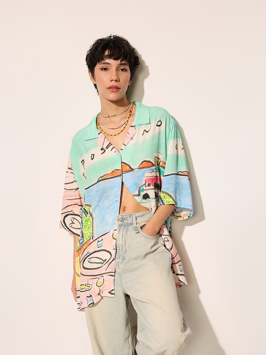 White Printed Oversized Shirt