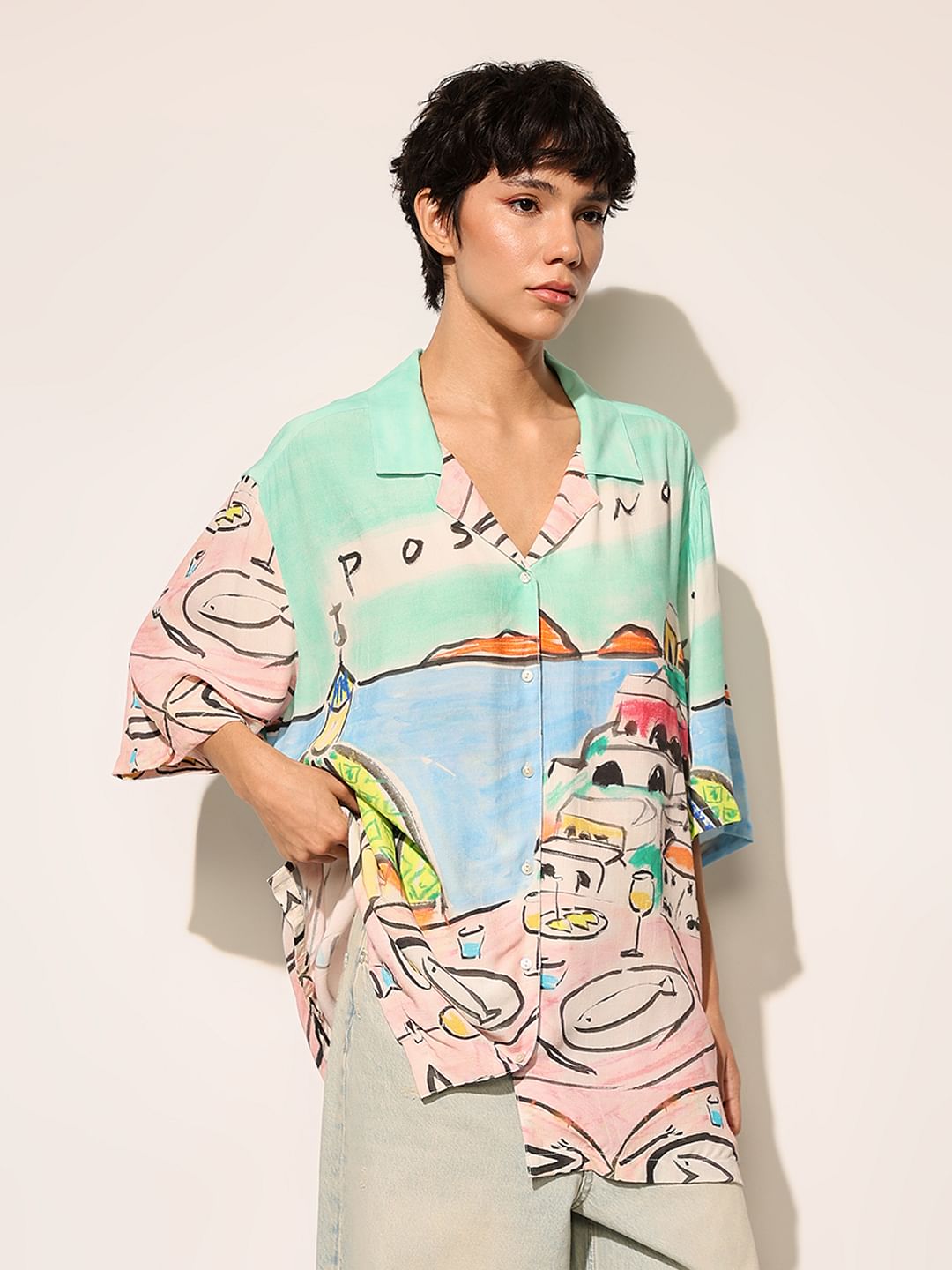 White Printed Oversized Shirt