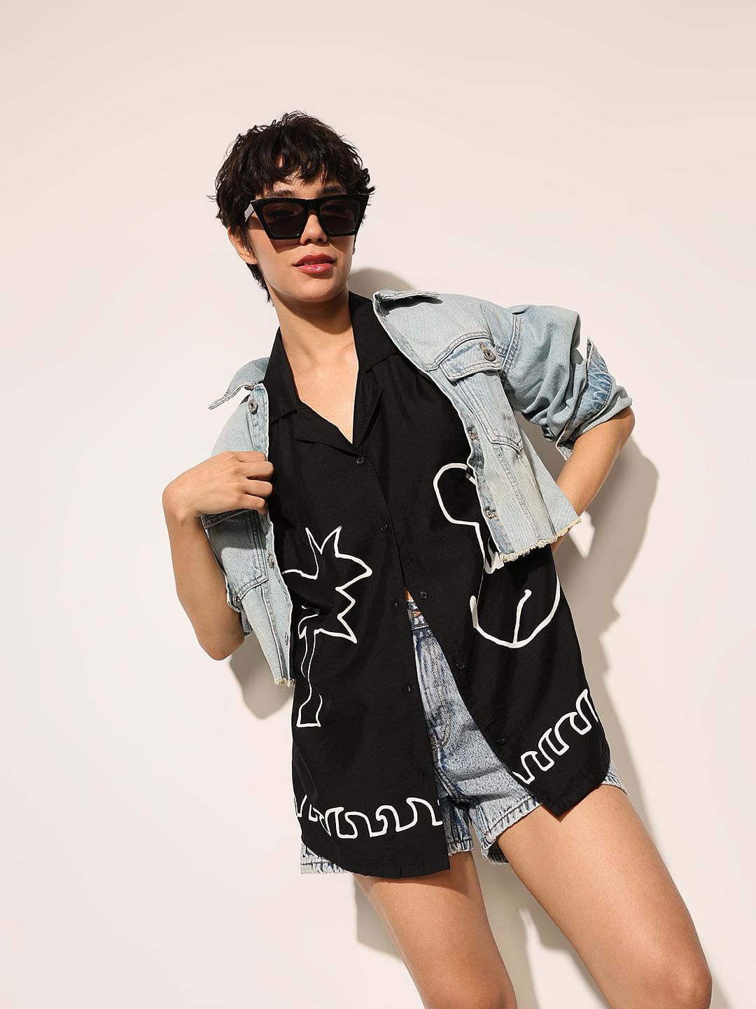 Black Printed Oversized Shirt