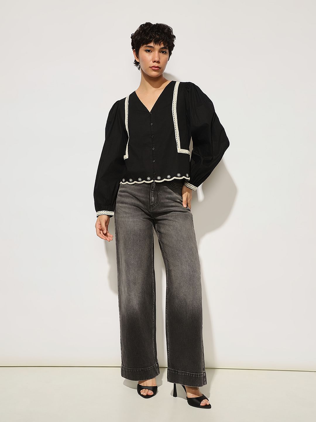 Black Lace Trim Cotton Top