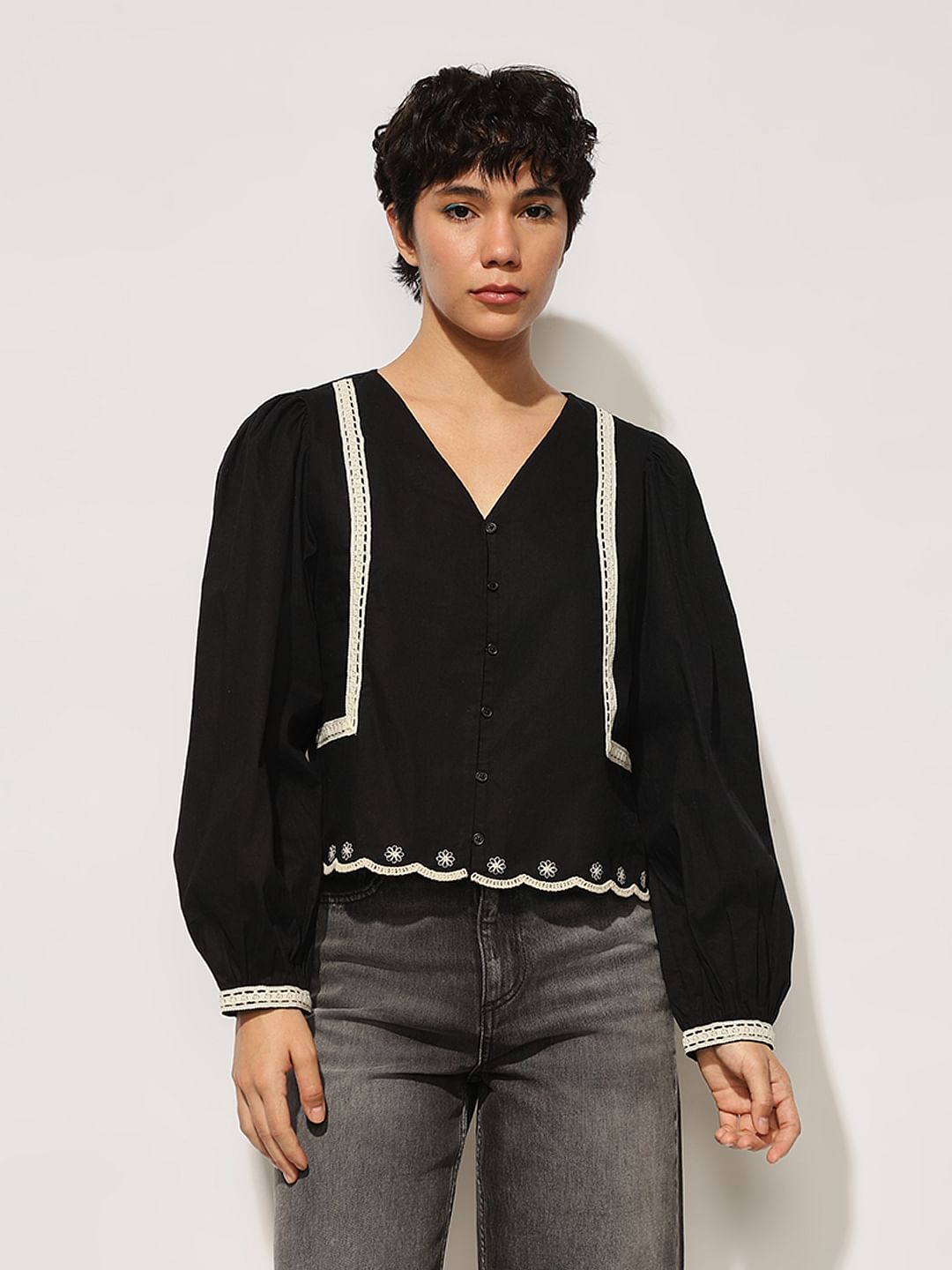 Black Lace Trim Cotton Top