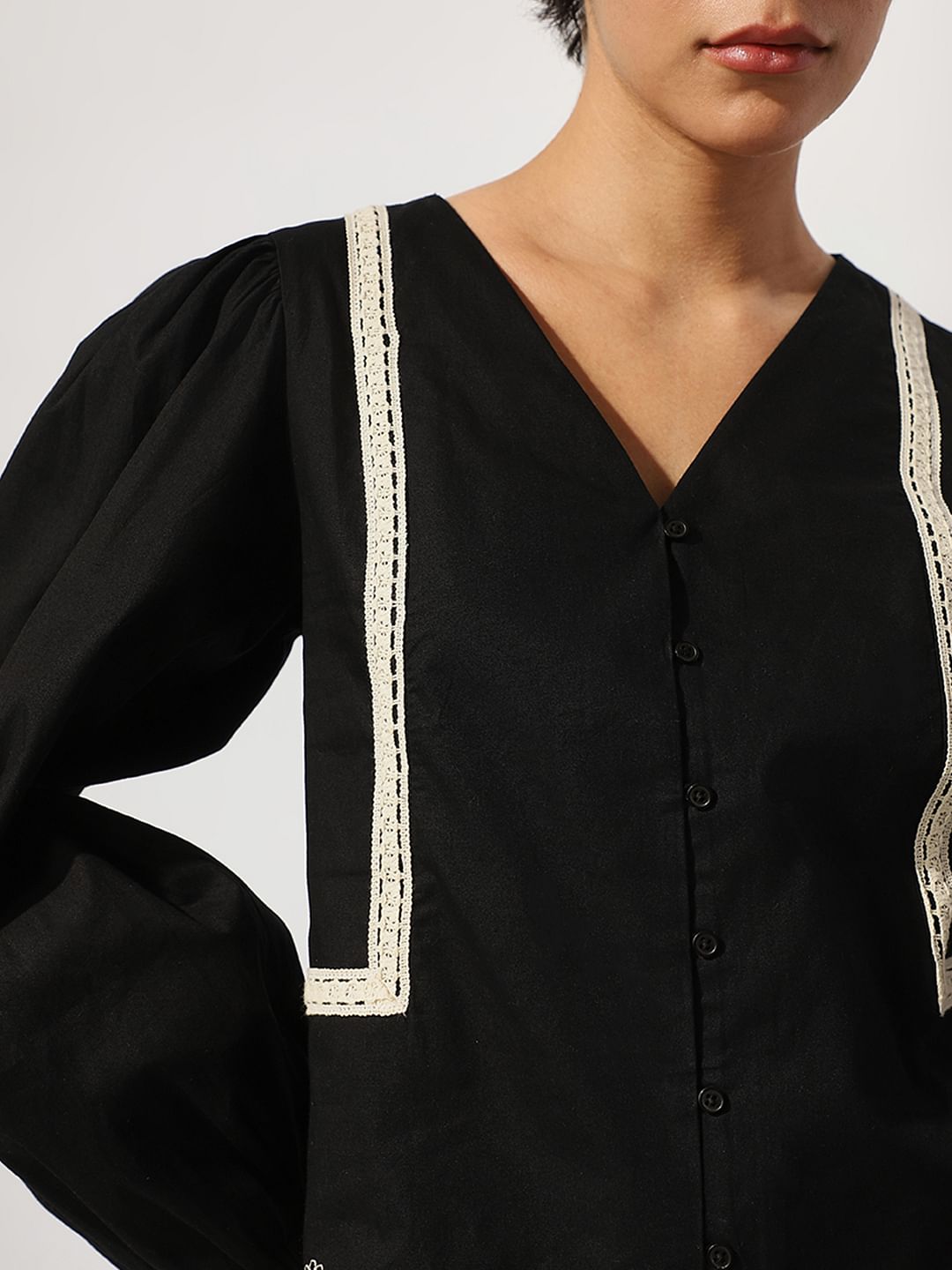 Black Lace Trim Cotton Top