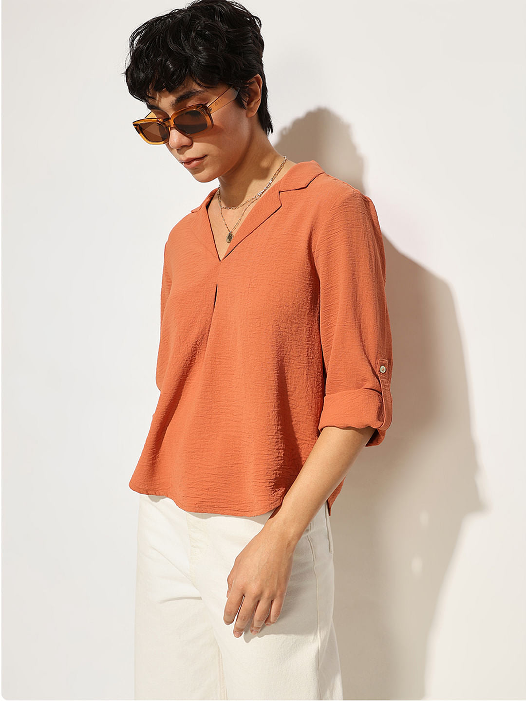 Orange Textured Resort Collar Top