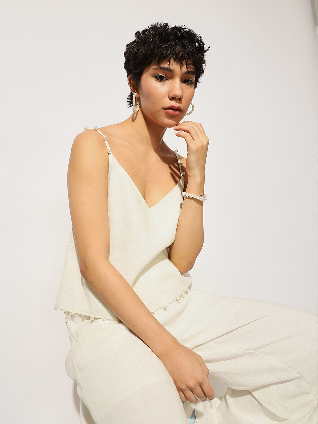 White Linen Co-Ord Set Top