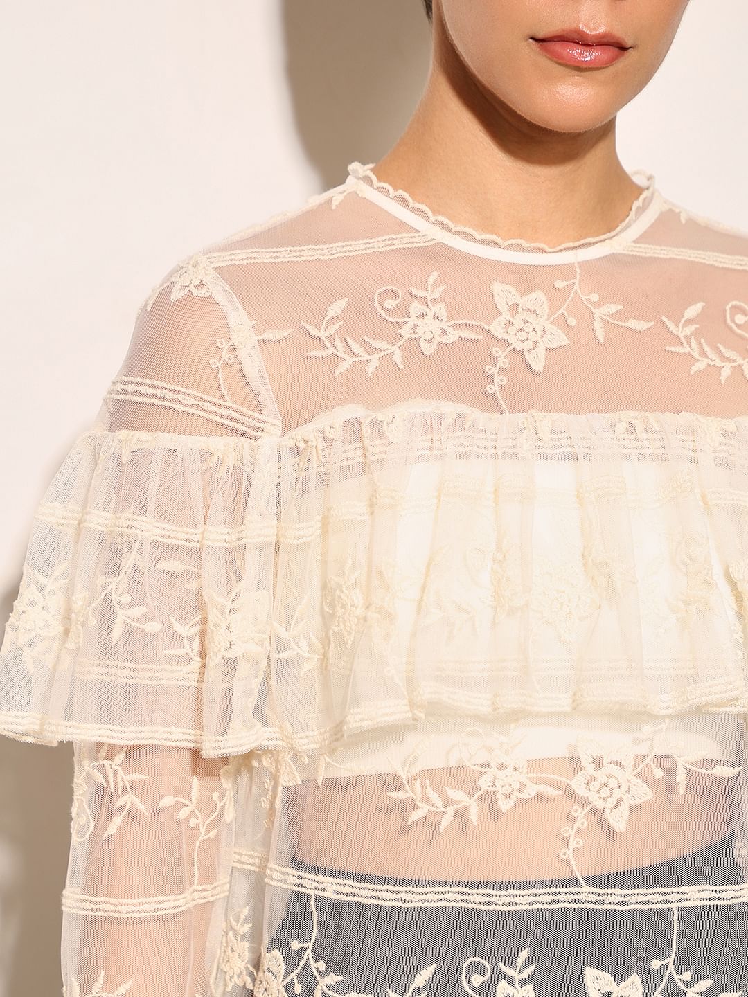 White Embroidered Mesh Top