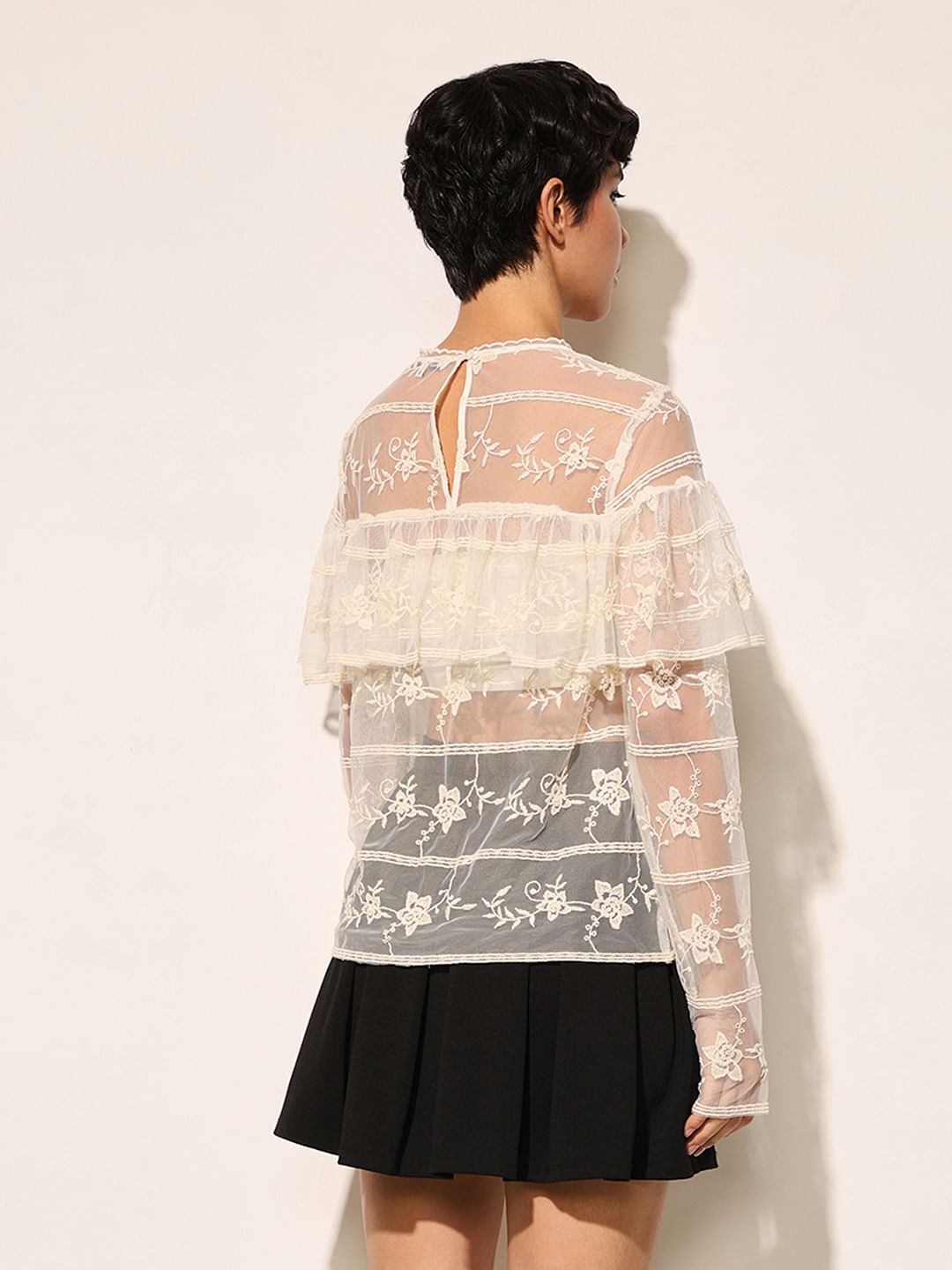 White Embroidered Mesh Top