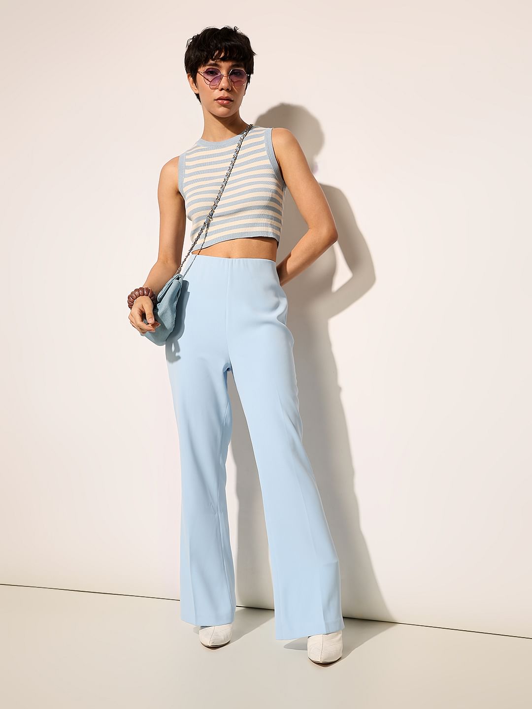 Blue Side Slit Flared Pants