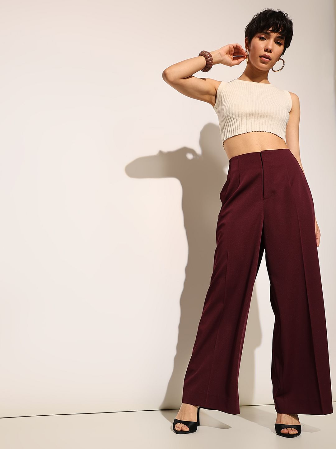 Maroon Loose Fit Flared Pants