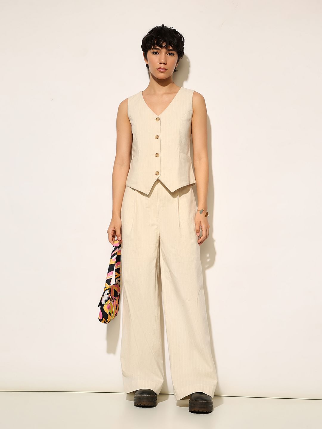 Beige Striped Co-Ord Set Pants