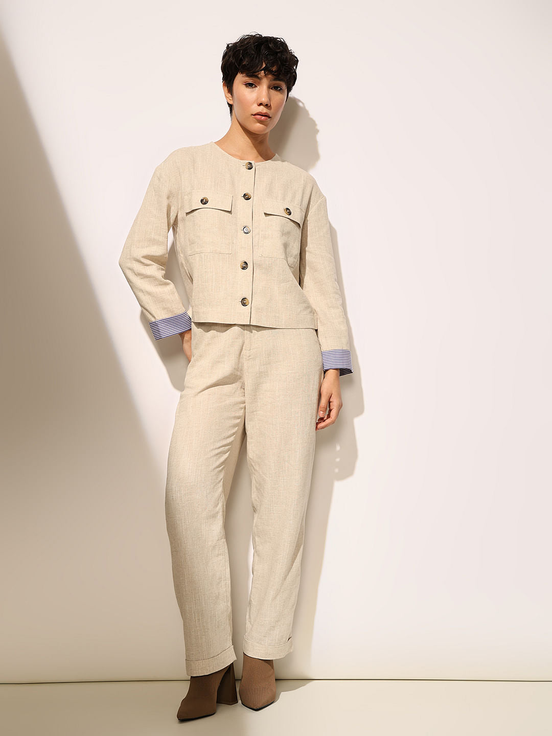Beige Linen Co-Ord Set Pants