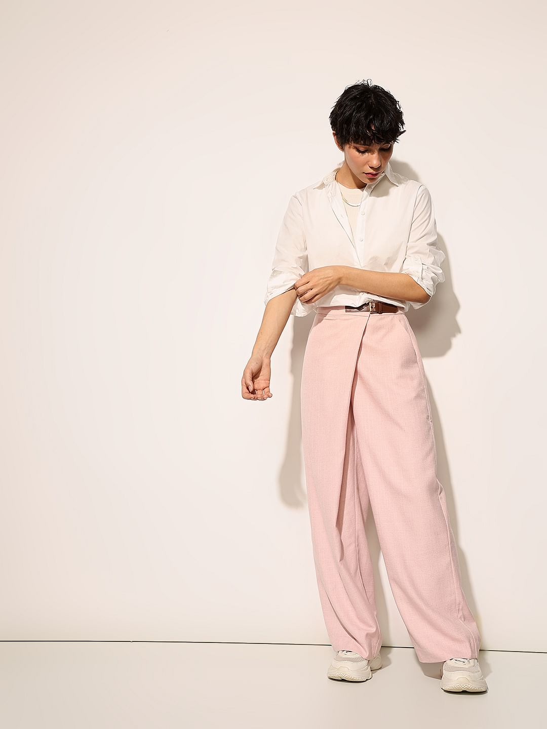 Pink High Rise Belted Pants