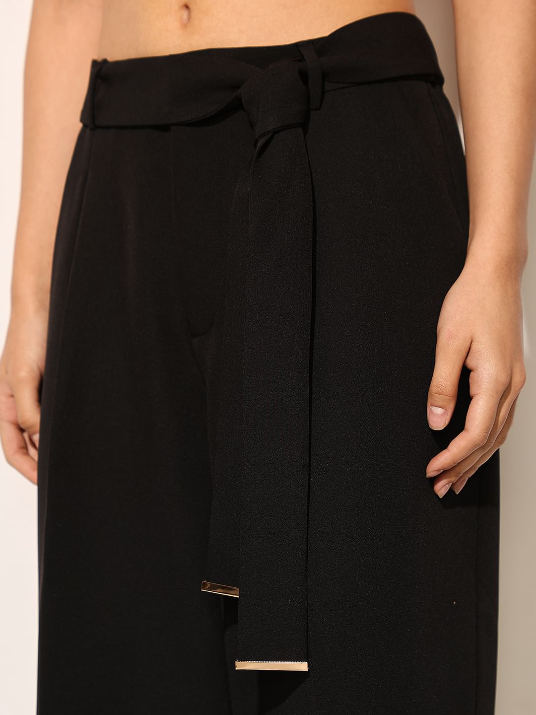 Black High Rise Belted Loose Fit Pants